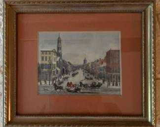 Framed Downtown Scene with Horses Sleighs