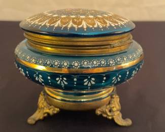 03 Antique Moser Bohemian Turquoise Blue Glass Dresser Box Raised Enamel 19th Century 