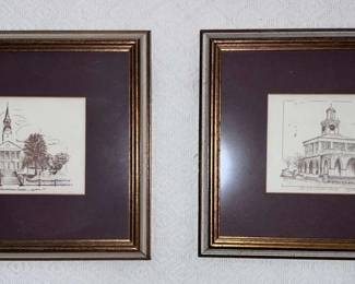 Framed Pair of Building Sketches Signed