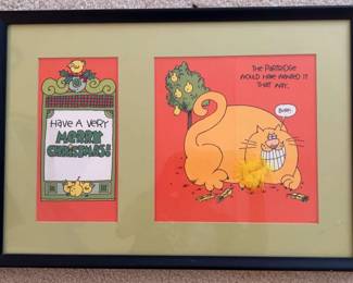 Framed Christmas Comic with Feathers Under Glass
