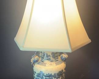 Blue White Lamp with Asian Scene