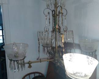 Crystal 1890s chandelier with etches hunting scenes