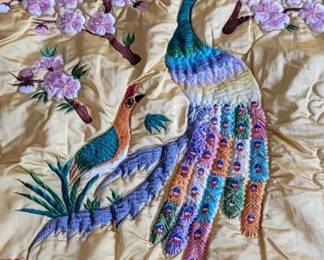 Asian Satin Embroidered Peacock Quilted Blanket