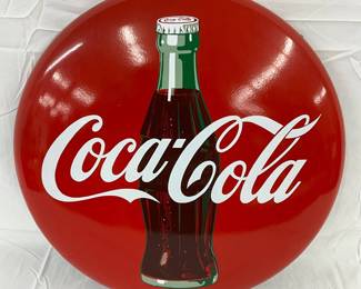 24in. Porc Coca-Cola Button Sign with Bottle 