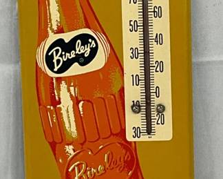 1951 Metal Bireley’s Soda Advertising Thermometer with Bottle Graphic, 5x16in.