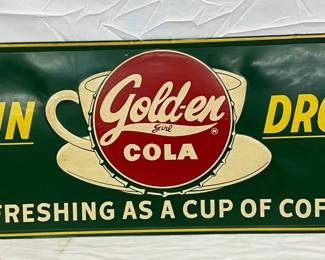 Emb. Golden Cola Self-Framed Metal Advertising Sign, 28 x 12in. 