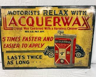 Rare Early Emb. Vintage Lacquerwax Adv Sign, 19 1/2 x 13 1/2 Inches