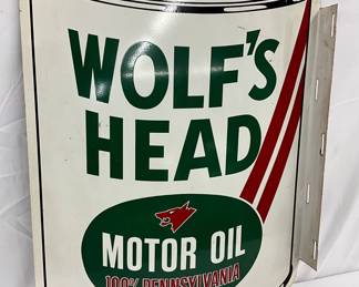 1969 Wolf’s Head Motor Oil Flange Sign, 16 x 24 