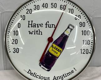 12in. NuGrape Soda Advertising Thermometer with Glass Face