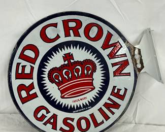 14in. Porc. Red Crown Gasoline Flange Sign with Added Hanger