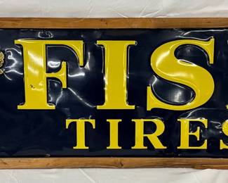 1941 Emb.  Fisk Tires Sign with Fisk Boy and Original Wood Frame 68x24