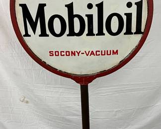 30in Porc. Gargoyle Mobiloil Sidewalk Sign with Cast Iron Base