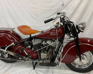 Org. 1947 Indian Chief Motorcycle with V-Twin Engine, Burgundy Finish, Chrome, and Leather Saddle Seat