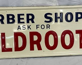 1956 Emb Tin Sign ‘Ask for Wildroot,’ Self-Framed, 39 x 13 1/2