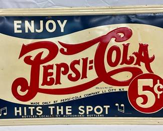 Emb. Early Pepsi-Cola Double Dot 5 Cent Advertising Sign, 56×31 Inches
