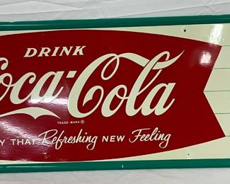 1962 Coca-Cola Fishtail Tin Sign by Robertson, 53×18 Inches