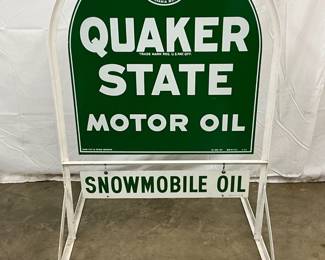 1968 Quaker State Motor Oil Sidewalk Tombstone Sign with Snowmobile Oil Attachment