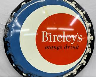 Convex Metal Bireley’s Orange Drink Bottle Cap Sign, 29 Inches