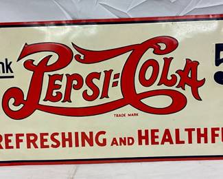 Emb. Pepsi-Cola 5-Cent Double-Dot Tin Tacker Sign, 23 x 11.5 in