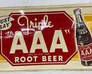 Metal Self-Framed ‘Triple AAA Root Beer’ Embossed Advertising Sign, 57 x 33 in.