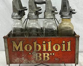 Mobil Oil Rack with 8 ‘BB’ Glass Bottles with Metal Spouts 