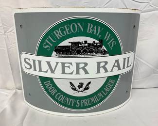 Porcelain Convex Advertising Sign, Sturgeon Bay ‘Silver Rail’ Lager, 17 x 14 in.