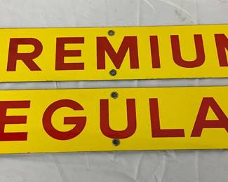Two Yellow and Red Porcelain ‘Premium’ and ‘Regular’ Shell Signs, 23 x 4 In.