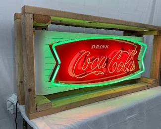 Coca-Cola Porc. Fishtail Sign with Red and Green Neon, 43.5×16 