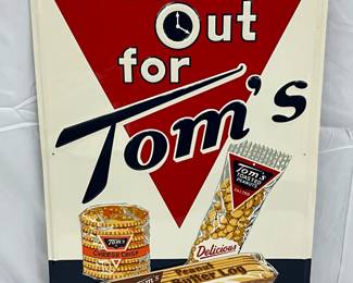 Emb. 'Time Out for Tom’s' Metal Advertising Sign, 20in x 28in