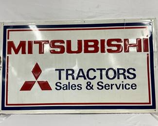 Emb. Mitsubishi Tractors Metal Sign with Wooden Backing, 59in x 34in