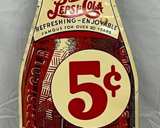 13x44 Pepsi-Cola Die-Cut 5¢ Bottle Sign, Self-Framed