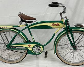 Early Columbia Bicycle with Green and Yellow Finish, Professionally Restored 70in by 41in