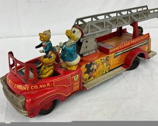 Early Walt Disney Tin Litho Disneyland Fire Truck, 21×7