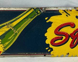 Emb. 1958 Squirt Soda Tin Tacker Sign, 18×4