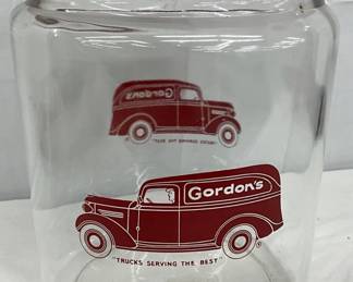 Gordon’s Glass Cracker Jar with Original Red Metal Lid and Truck Graphics