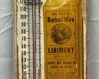 Dr. Cox’s Barbed Wire Liniment Advertising Wooden Thermometer, 7 x 22 Inches