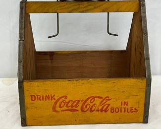 Coca-Cola Wooden Six-Pack Bottle Carrier with Metal and Wooden Handle