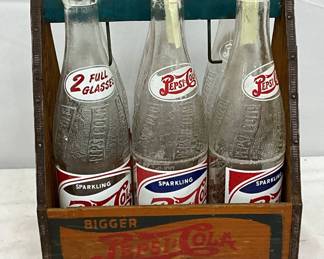 Early Pepsi-Cola Double Dot Wooden Six-Pack Crate with Bottles
