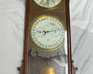 Early 1900s Walnut Calendar Clock with Double Dial & Pendulum