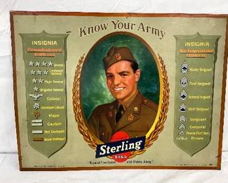 Sterling Beer Metal Advertising Sign Featuring US Soldier, "Know Your Army," Measures 20x15 