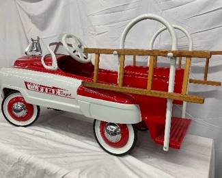 Restored Red and White Murray Sad Face Pedal Car Fire Truck with Ladders, Measures 21x45 