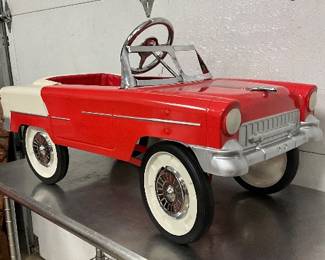 Red and Cream Steel Pedal Car with Chrome Accents and Hubcaps, Replica, Measures 36(L)x18(W)x20(T)