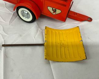 Vintage Red Metal Toy Trailer with Yellow Detachable Scoop