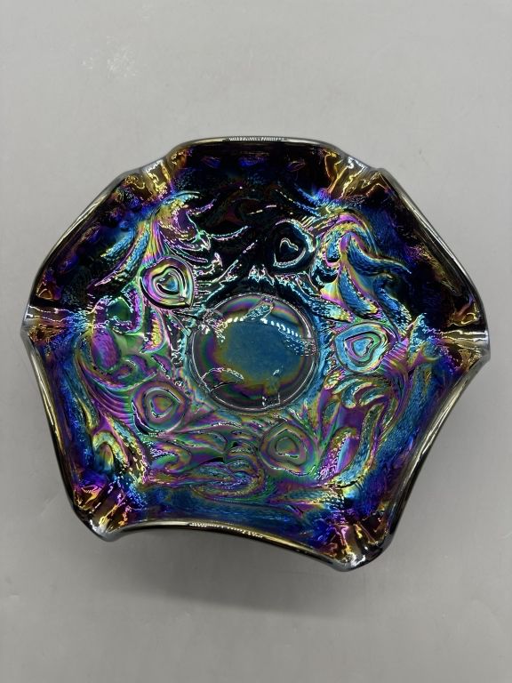 Vintage Fenton Amethyst Carnival Glass Footed Bowl, Hearts & Vines