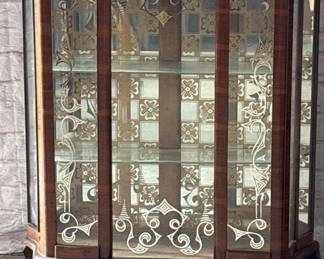 Vintage Burled Wood Curio with Etched Glass