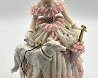 Vtg. Dresden Lace Lady w/ Parasol & Dog Figurine