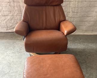 Norwegian Cognac Leather Recliner & Ottoman