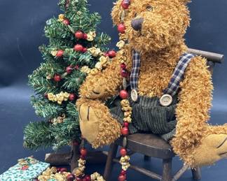 7 Christmas Bear in Wooden Chair Decorating Tree