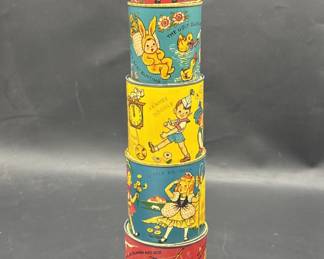 5-Pc. 1950's Tin Litho Nursery Rhyme Stacking Cans