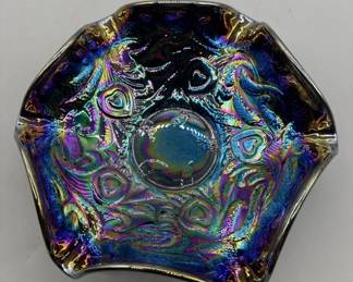 Vintage Fenton Amethyst Carnival Glass Footed Bowl, Hearts & Vines
